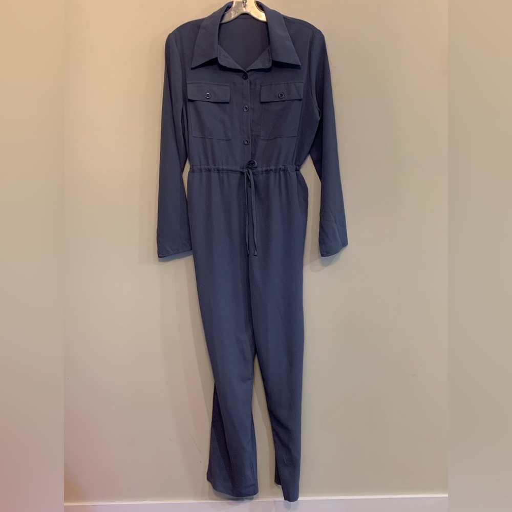 Blue Button Front Drawstring Utility Jumpsuit - Picture 2 of 8